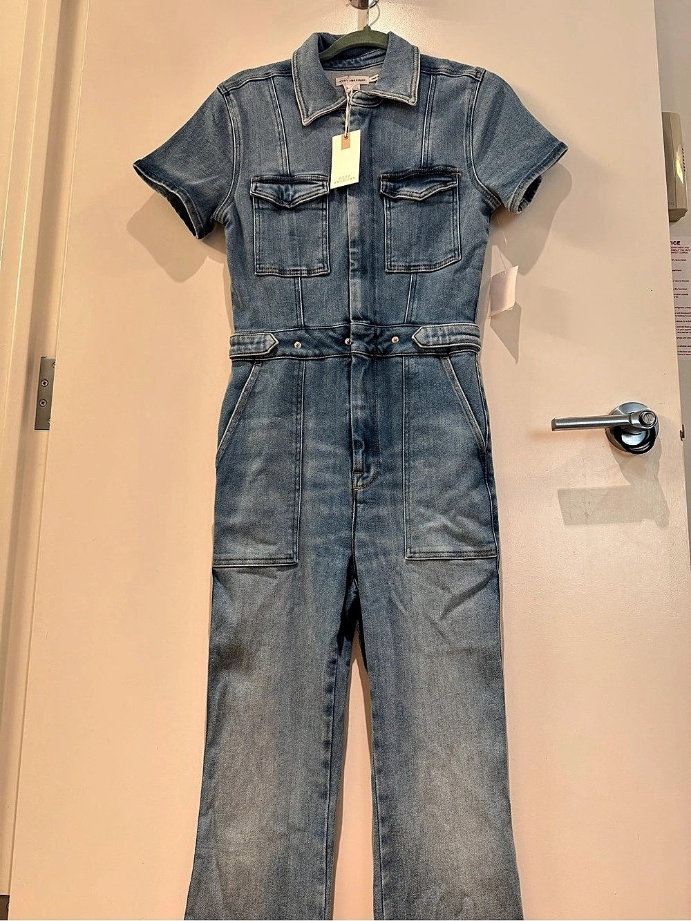 Good American Fit for Success Short Sleeve Denim Jumpsuit Blue Medium